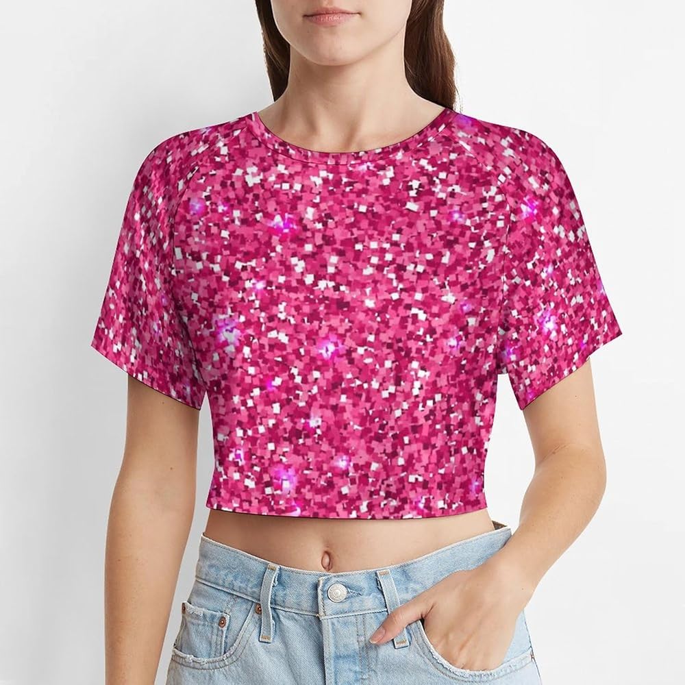 Pink Glitter Pattern Women's Crop Top Exposed Navel T-Shirt Summer